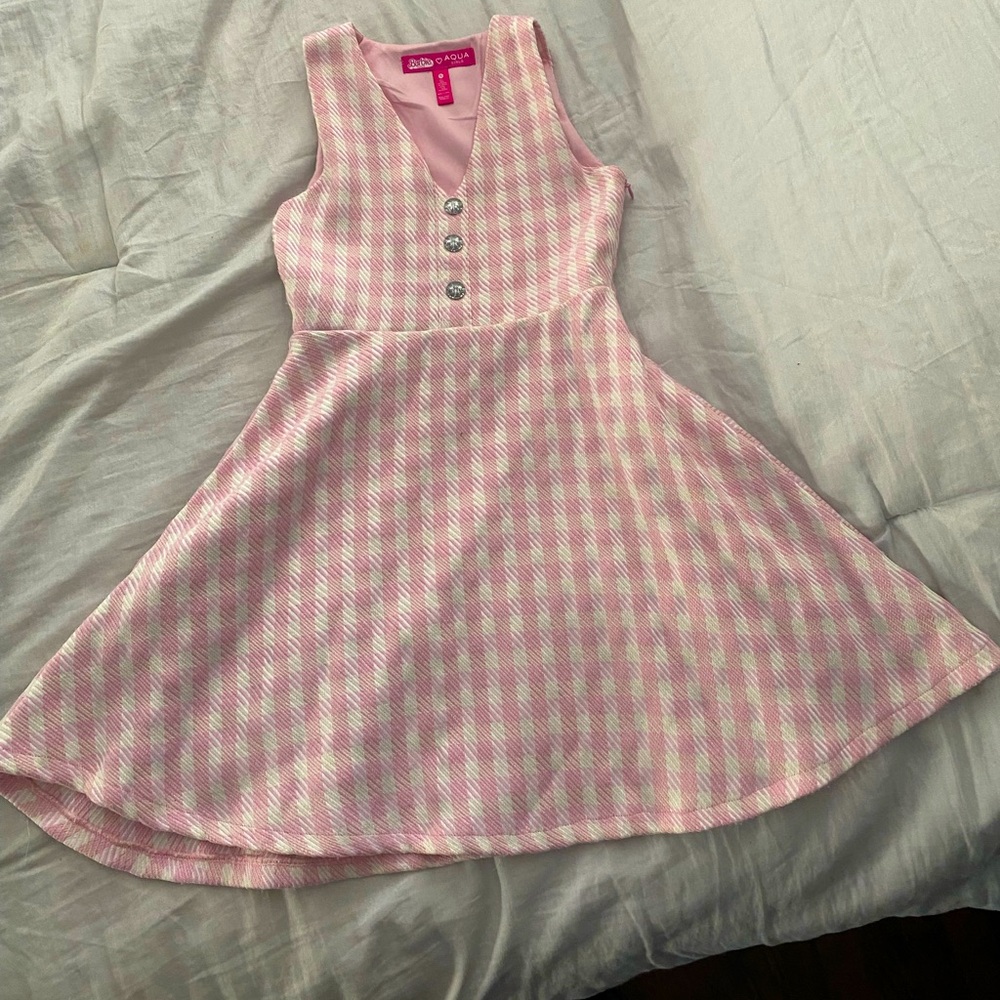 Girls size small Barbie pink plaid Aqua A line dress